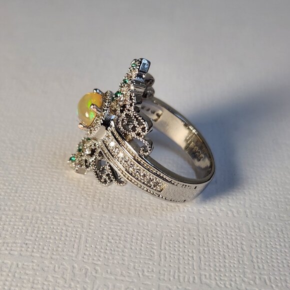 NIB 925 Art Deco Natural Opal & Tsavorite Accent Ornate Scroll Ring Sz 8.5 - Picture 8 of 12